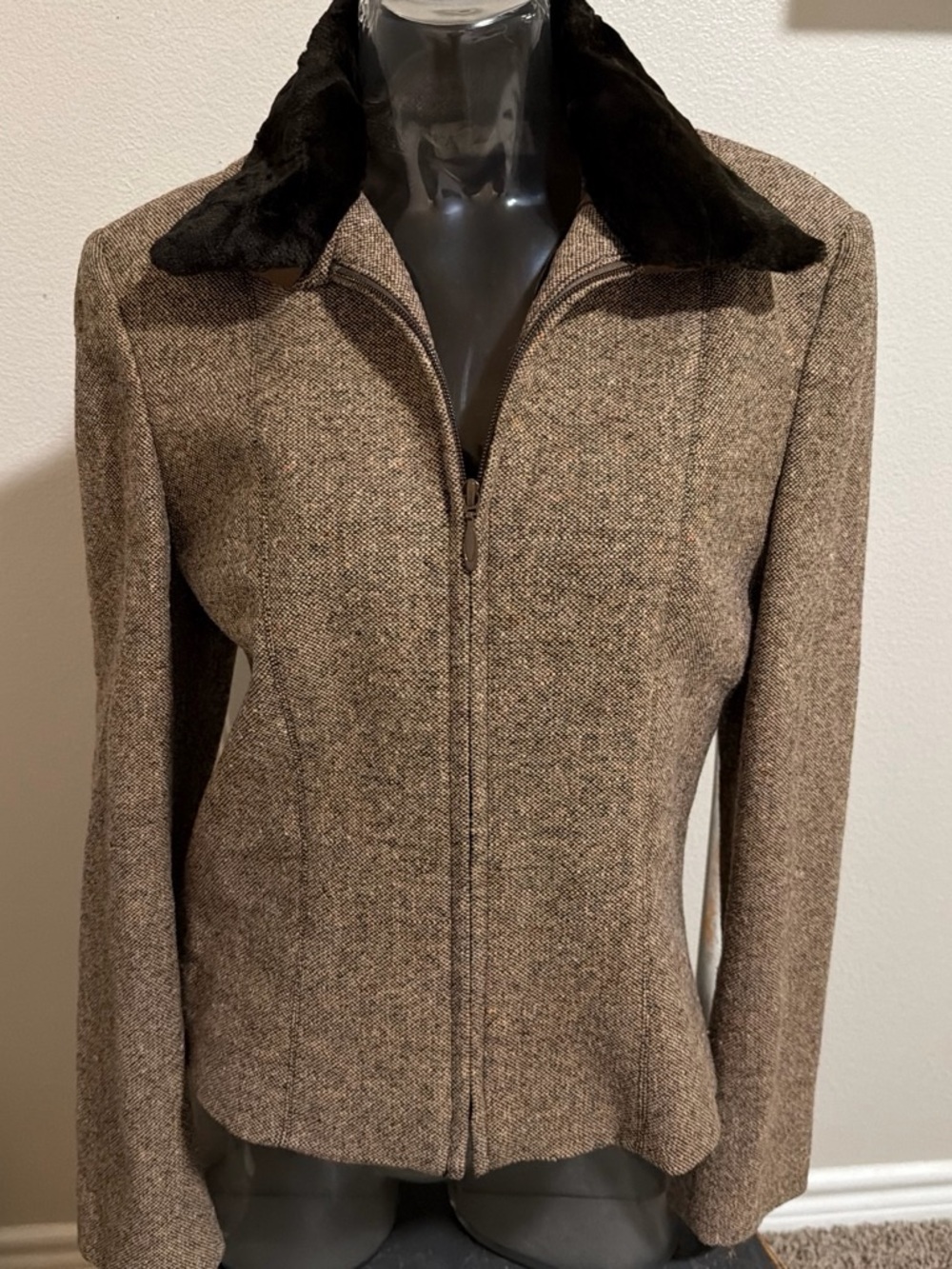 Casual Corner Brown Tweed Jacket with Black Faux Fur Collar
